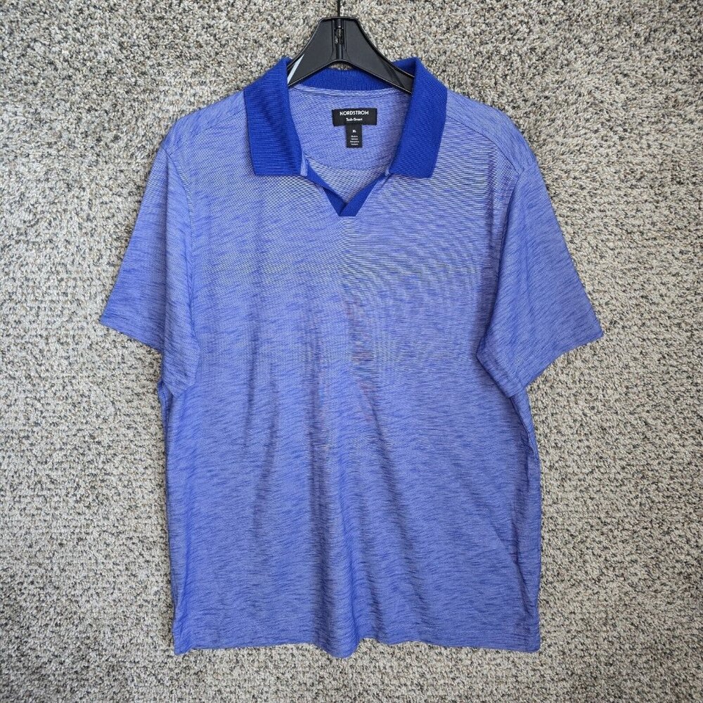 Nordstrom Polo Shirt Mens XL Tech Smart Heathered Blue‎ Short Sleeve V Neck
